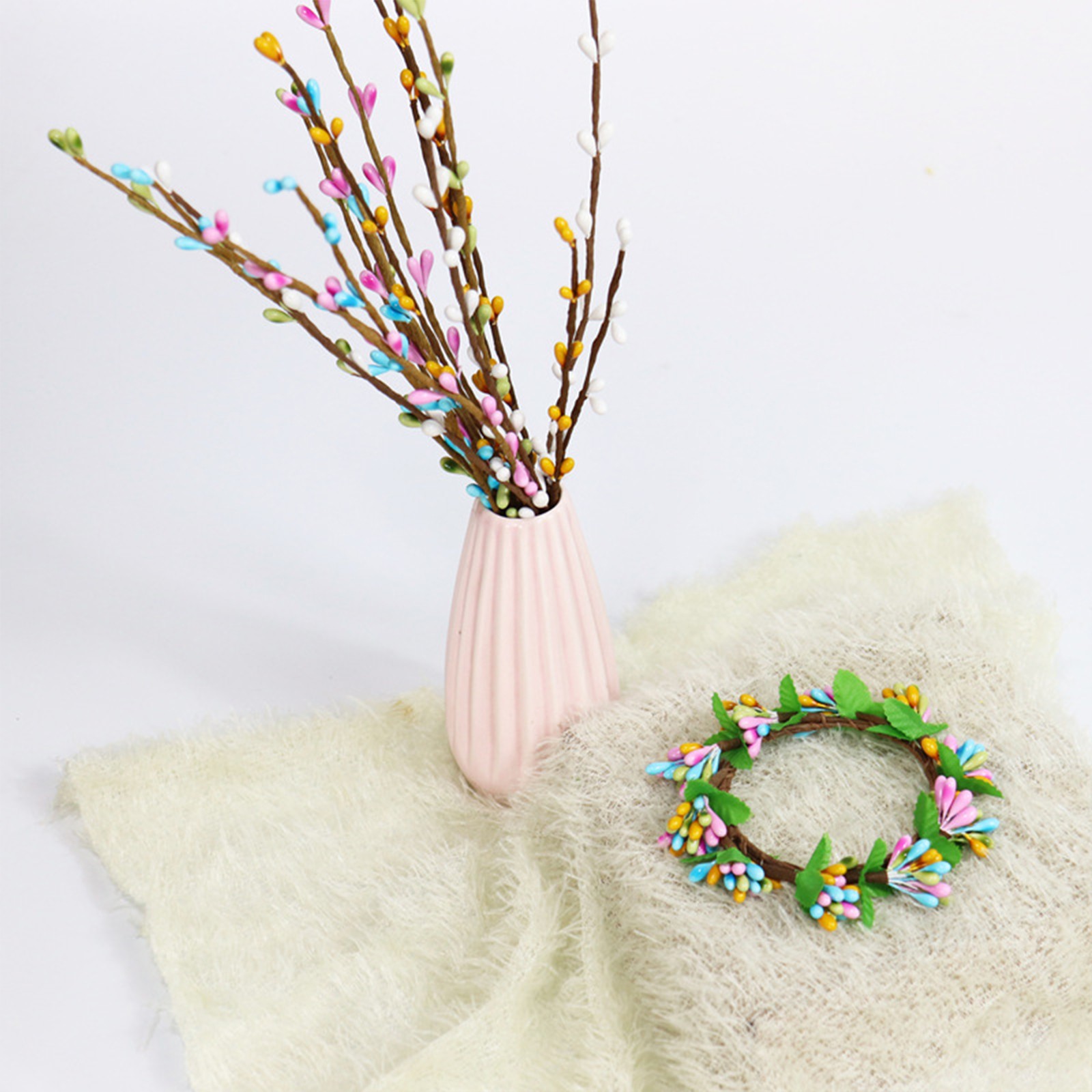 White Green Pink Easter Berry Stems 30cm Decor