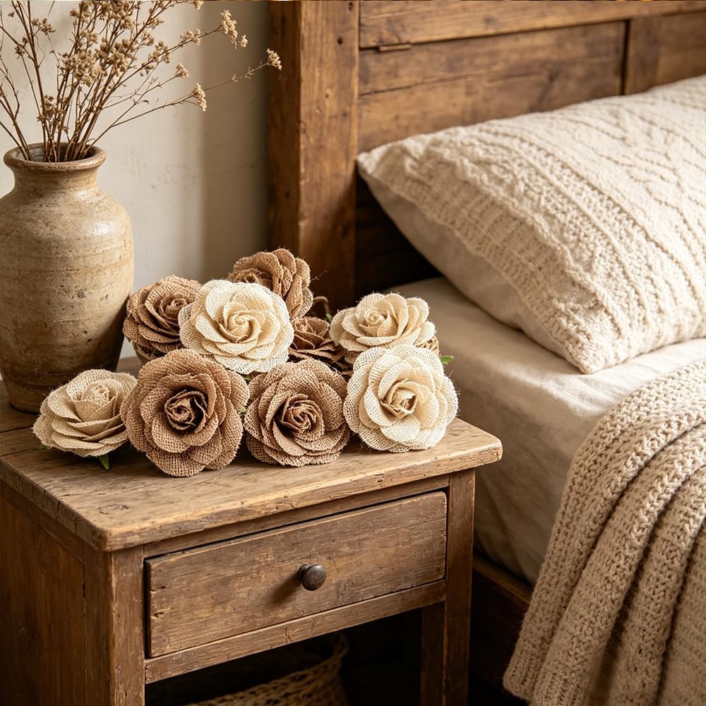 10 PCS Natural Burlap Rose Flowers, 3.94 Inches Large Handmade Rustic Jute Ro…