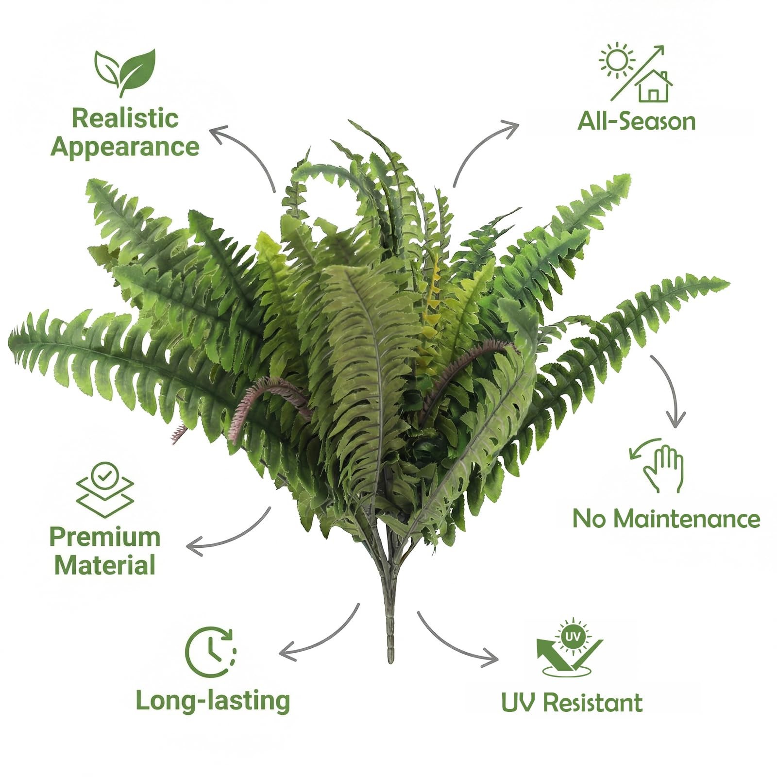 2 Pack Artificial Boston Fern Stems, 25 Inch Faux Fern Plants