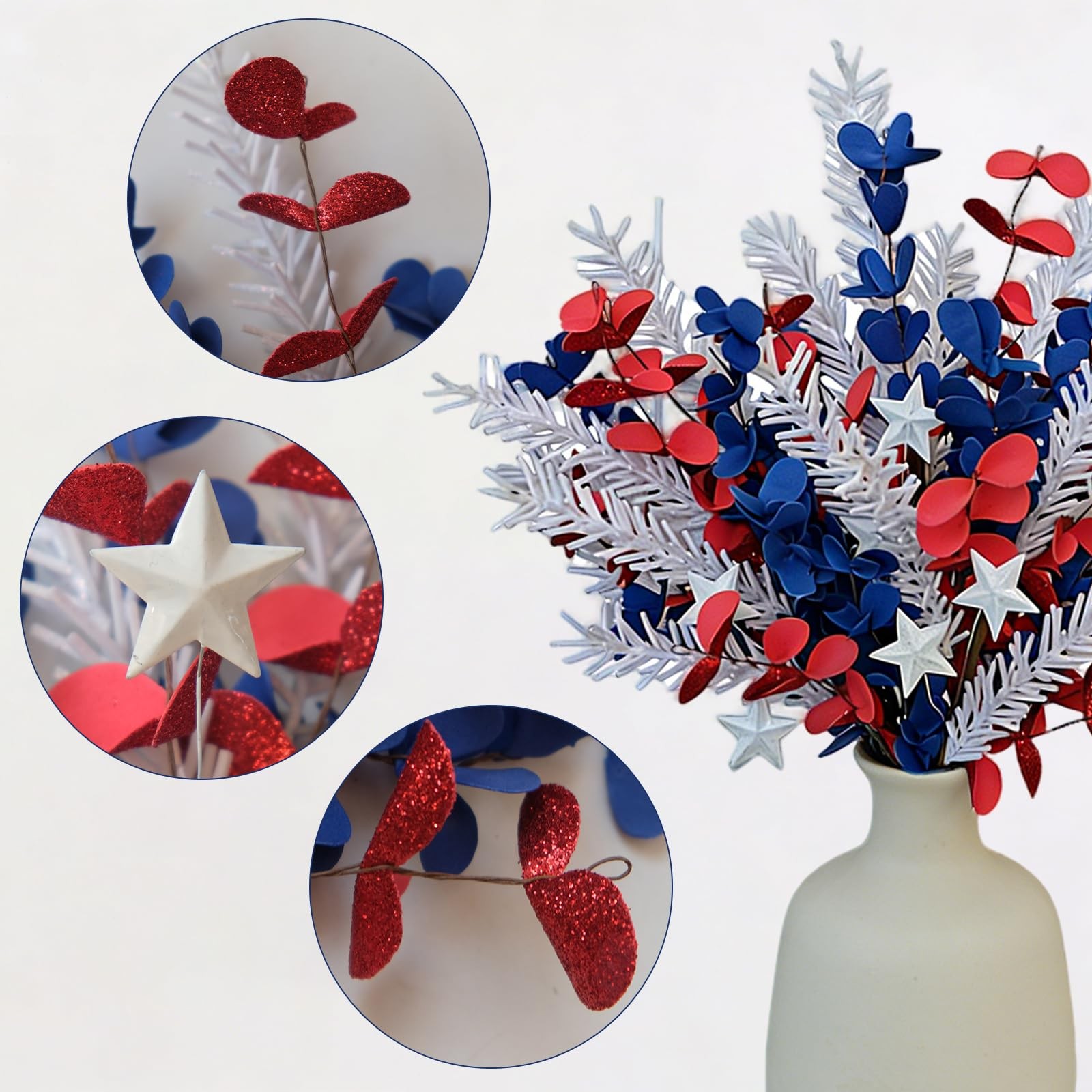 6 Pcs Patriotic Decor Stems with Red Blue PE Flowers, White PE Tassels & 2 St…