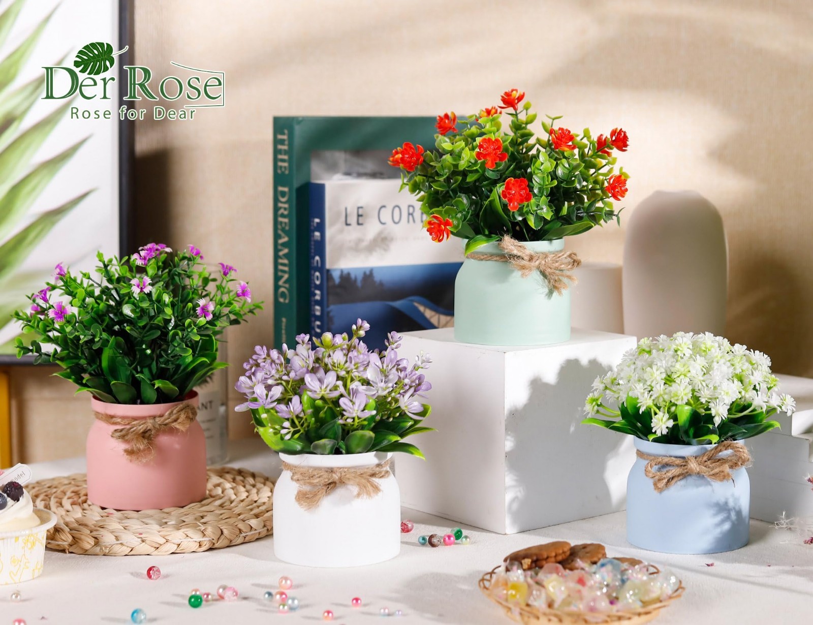 4 Pack Small Artificial Flowers – Faux Plants for Indoor Decor, Centerpieces, We