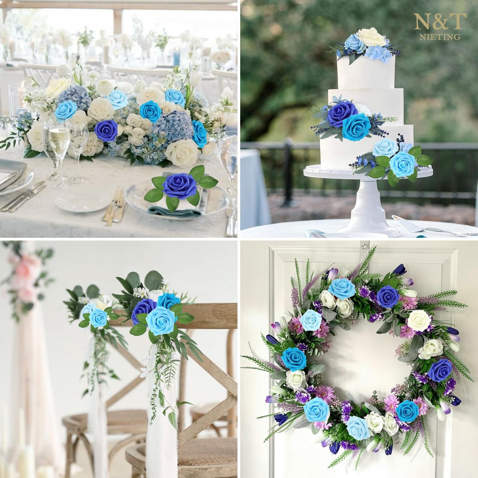 Blue Roses Artificial Flowers 25 PCS Fake Silk Bouquet Wedding Centerpiece