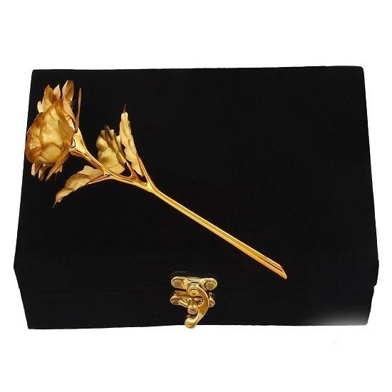 Golden Rose Flower with Golden Leaf and Black Velvet Box