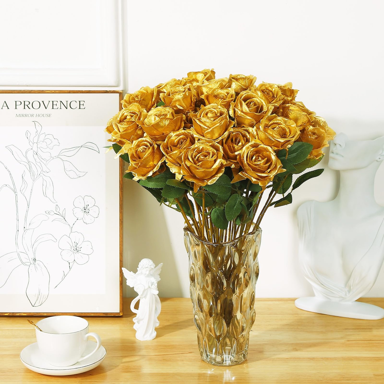 Hoemwarm 36 Pcs Gold Artificial Roses with Long Stems, Fake Silk Rose Artific…