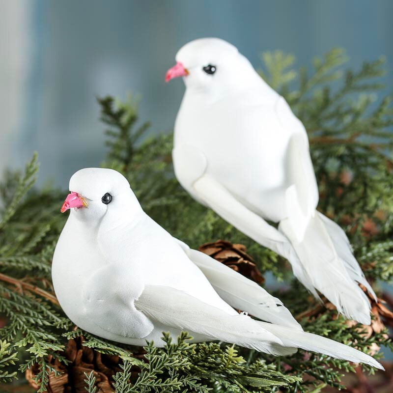 Group of 12 White 4″ Long Artificial Mushroom Dove Birds