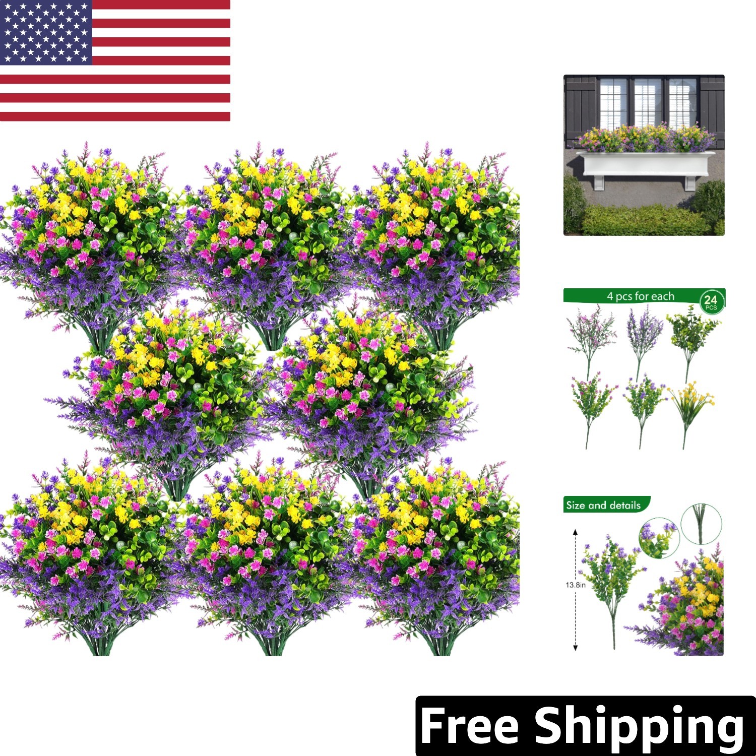 24 Pcs UV Resistant Artificial Outdoor Flowers – Fuchsia, Purple, Yellow, Green
