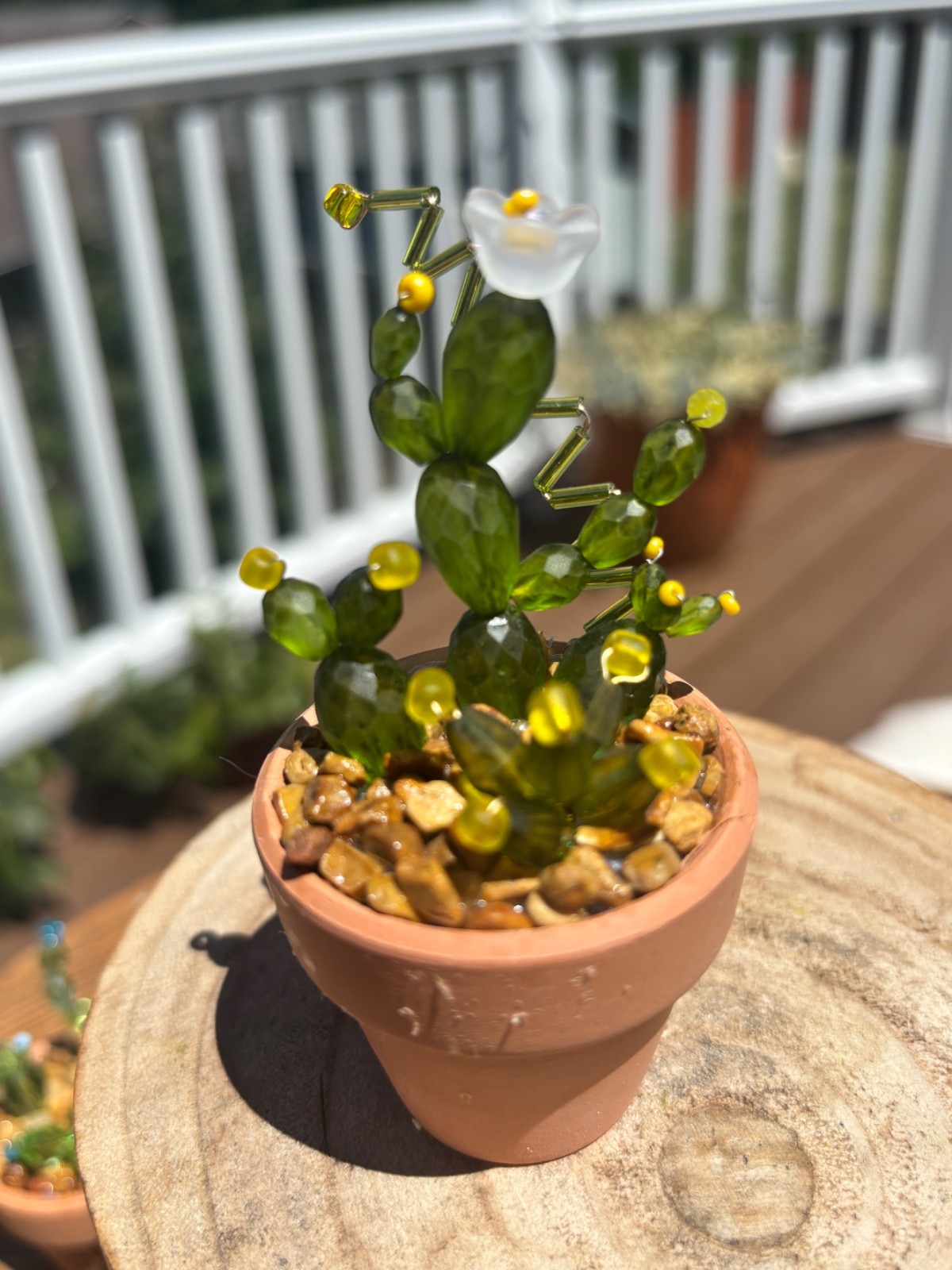 Handmade Tiny Forever Cactus glass beads yellow blooms in terracotta pot