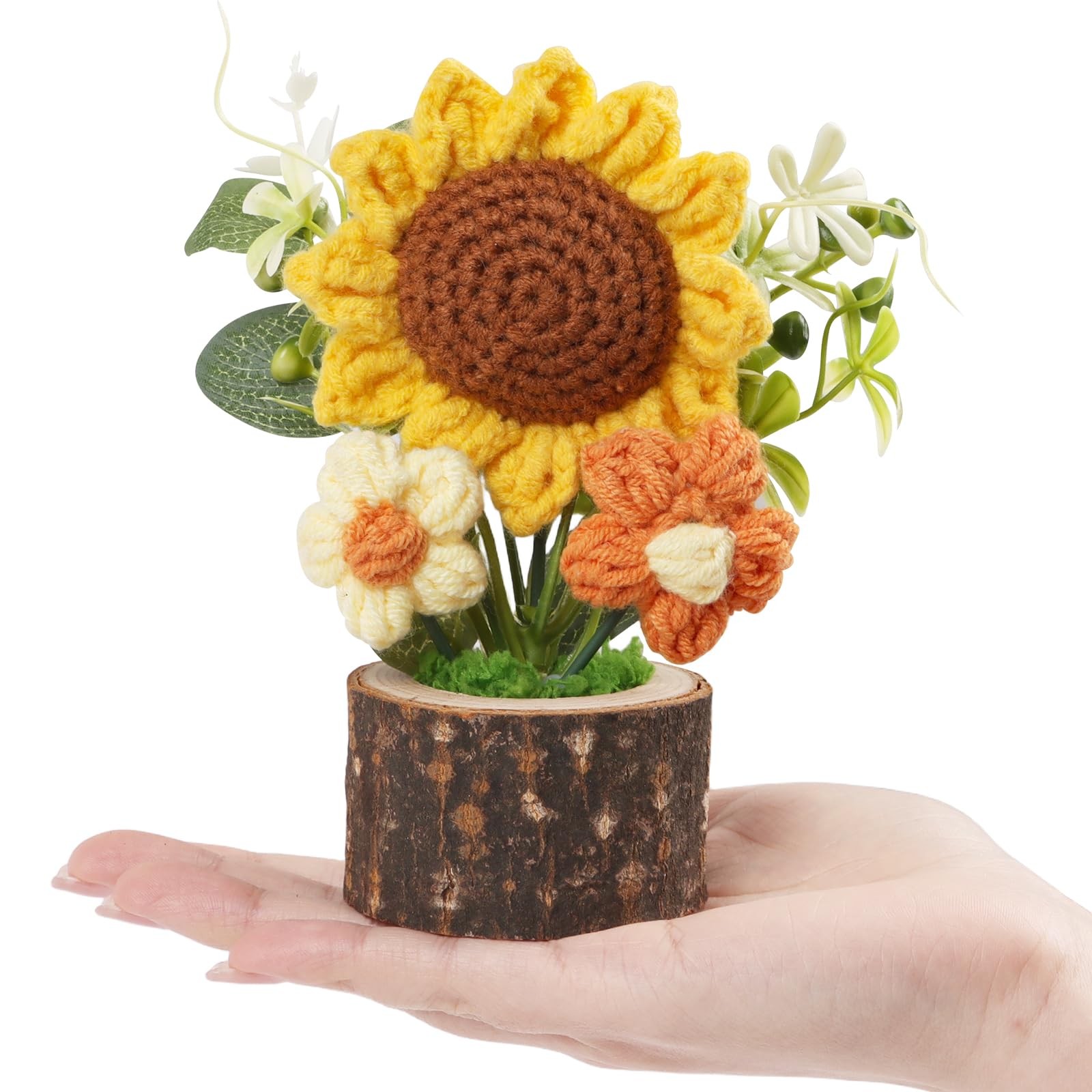 Handmade Knitted Sunflowers, Cute Crochet Flowers Bouquet with Wooden Pot Cre…