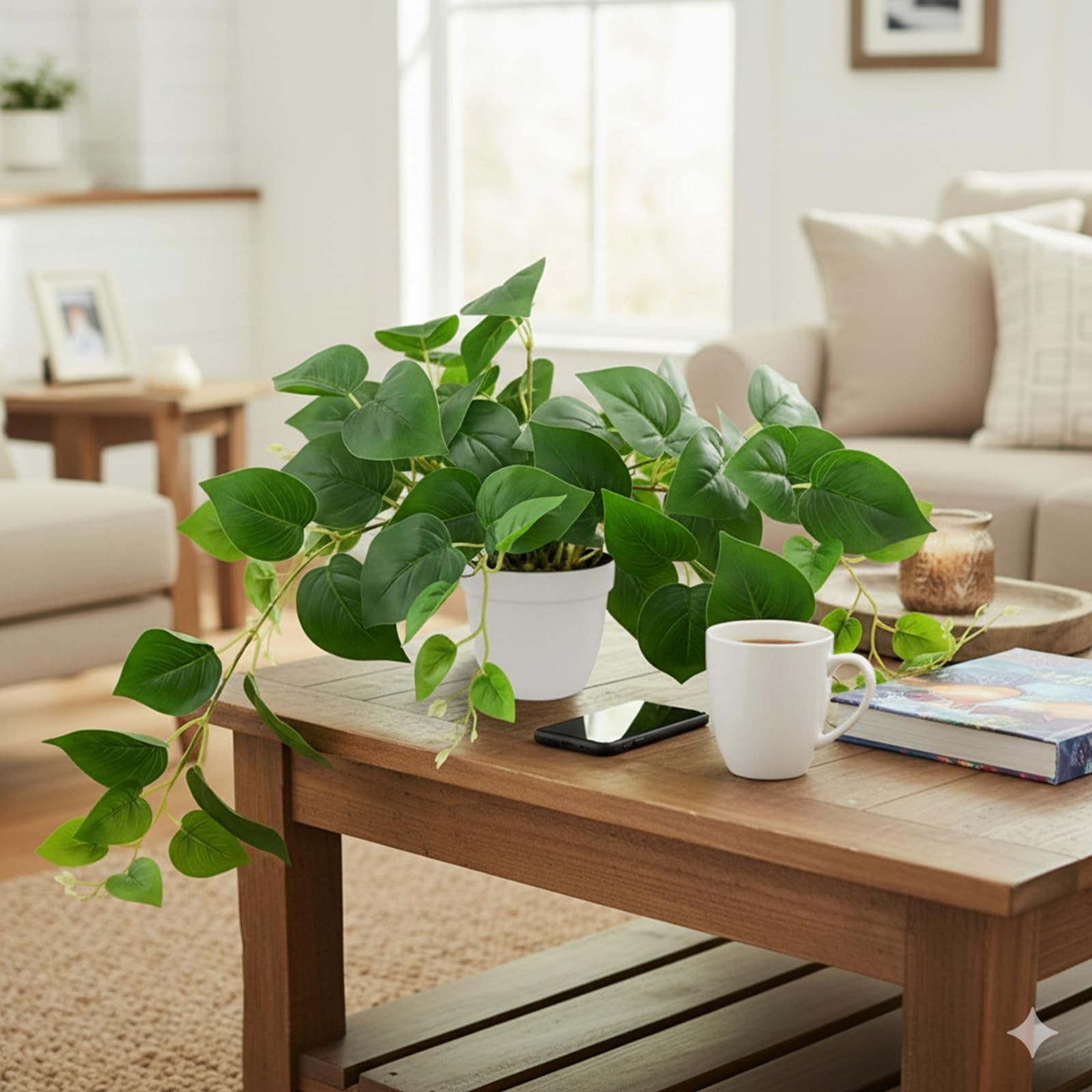 Realistic Artificial Pothos Plant in Pot – Perfect Faux Greenery for Desk, Shelf