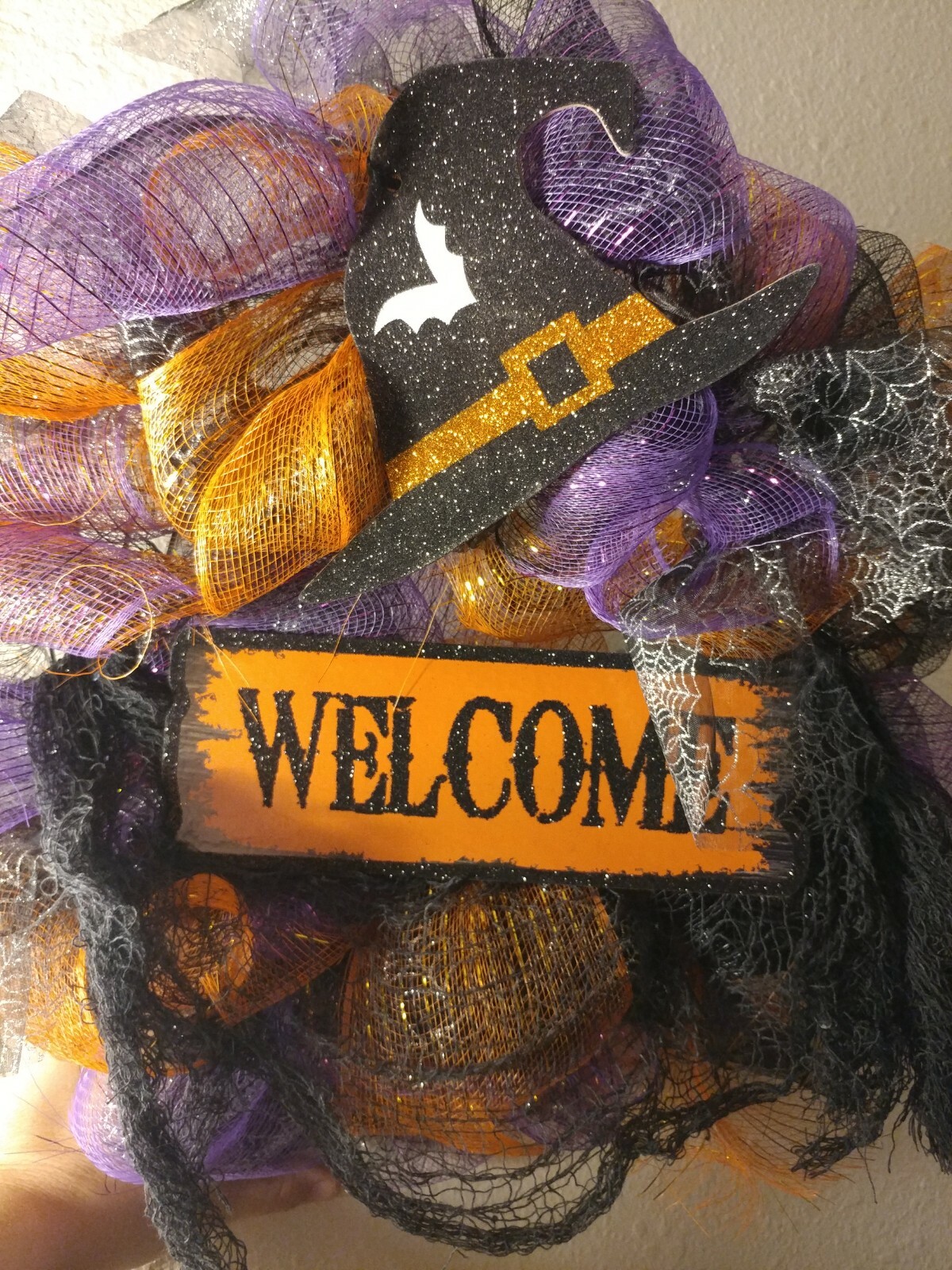 Fall – Halloween Witch Wreath, Handmade Deco Mesh, Welcome, Purple Orange