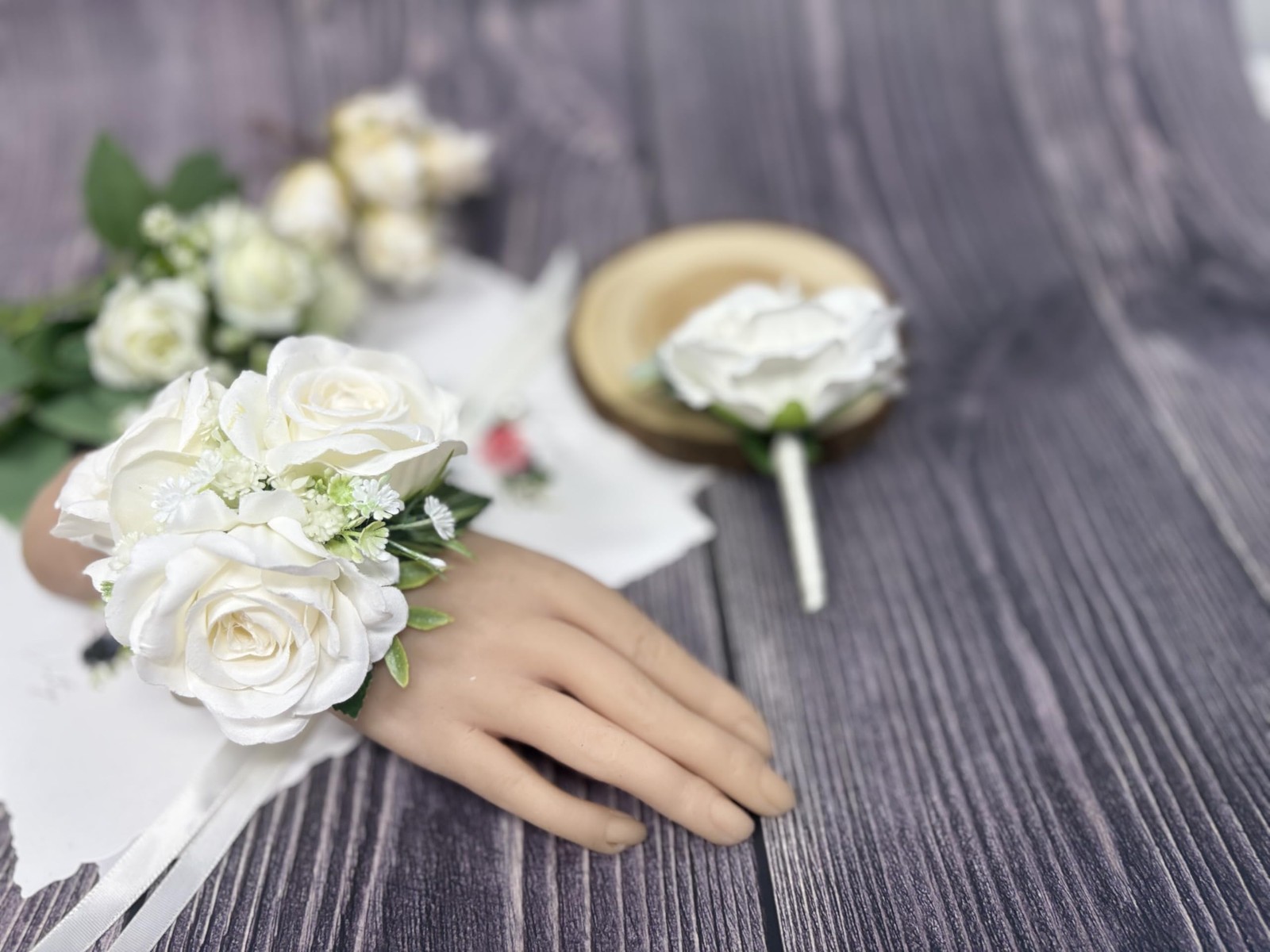 White Rose Corsage and Boutonniere Set with Green Leaves for Wedding Flower A…