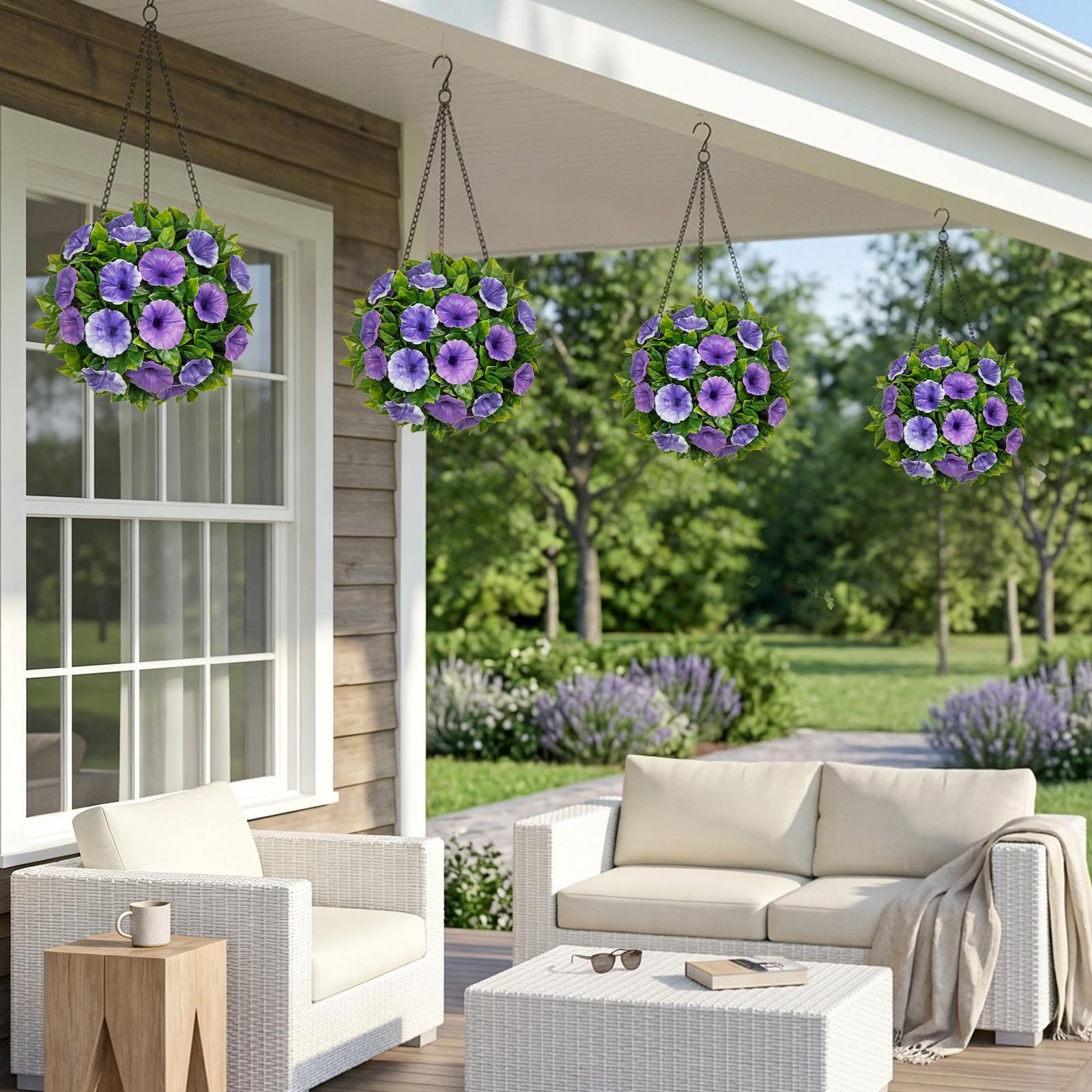 Artificial Petunia Plant Topiary Ball – 9 Inch UV Resistant Faux Purple & Whi…