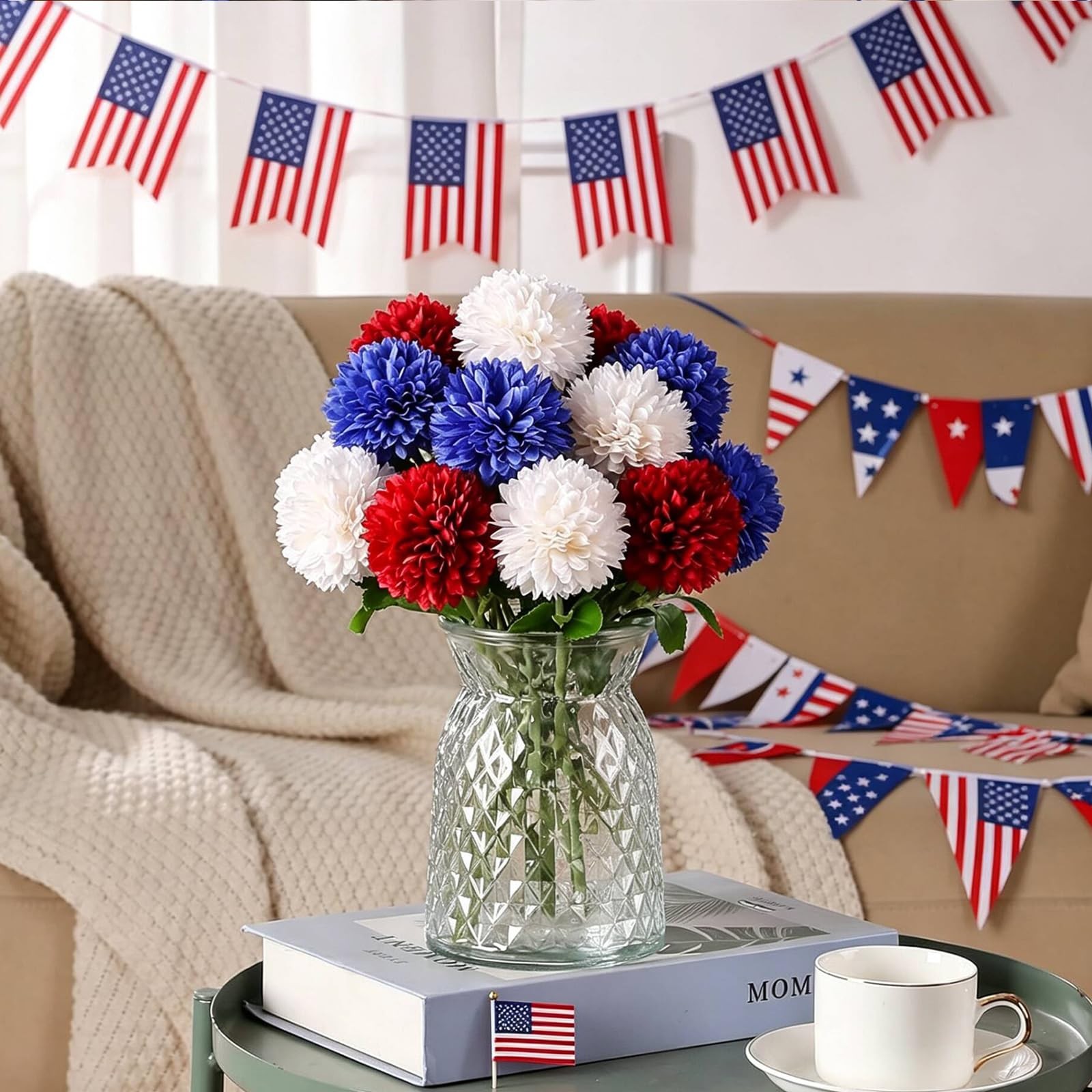 12pcs 4th of July Flowers 250th Anniversary Artificial Chrysanthemum Silk Hyd…