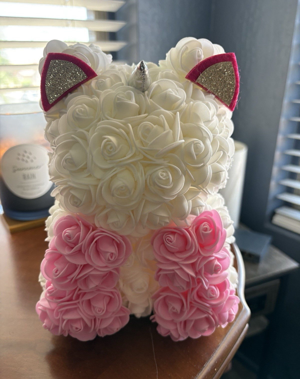 Artificial Foam Rose Bear Unicorn Figurine, White Pink Silver Multicolor , 9 in