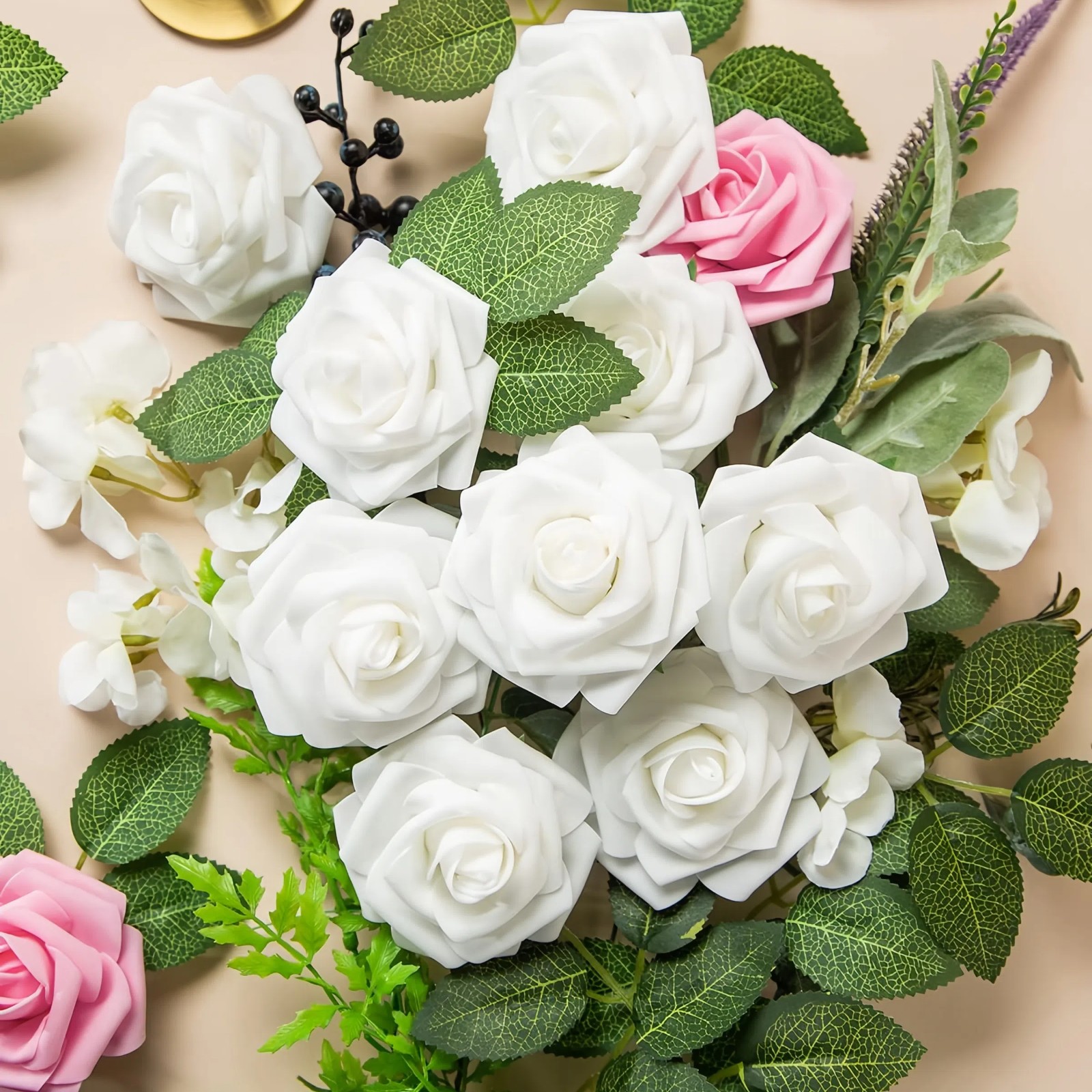 Artificial Flowers 25pcs Real Looking Ivory Foam Fake Roses with Stems for DIY