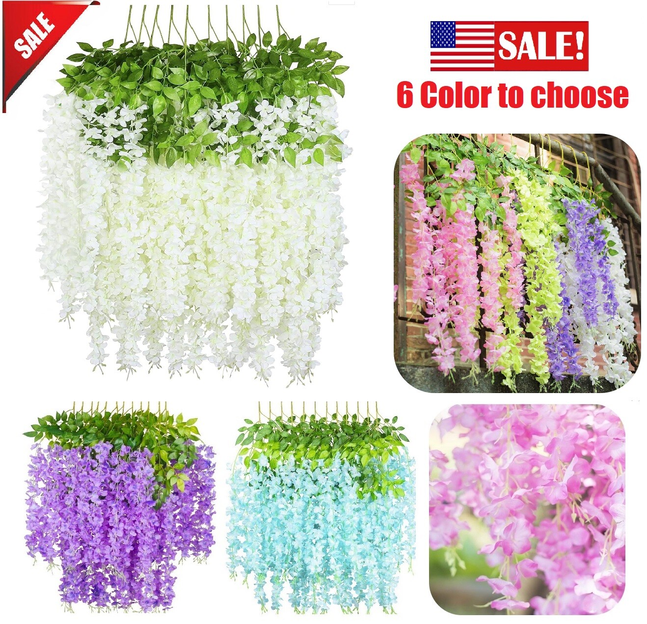 12Pcs 3.6ft Artificial Wisteria Vine Hanging Flower Wedding Garden Colorful USA
