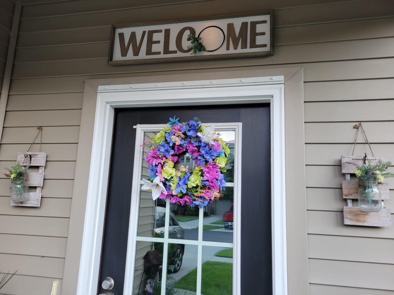 FLORAL one of a kind WREATH flowers Decor Front Door 16″ purple blue pink new