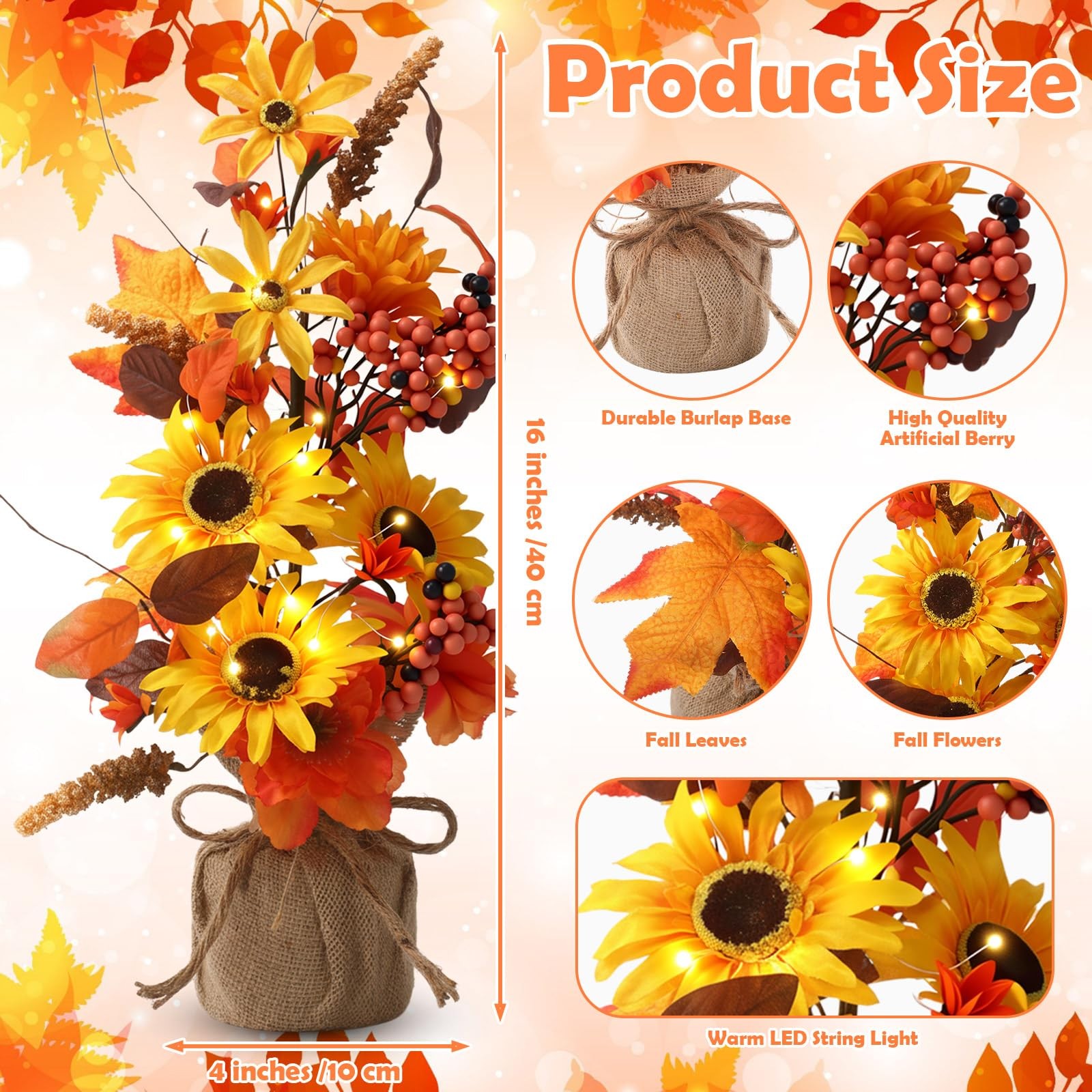 Fall Thanksgiving Centerpieces 16 Inch Lighted Tree Sunflowers Maple Leaves