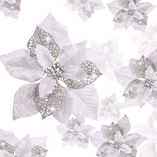 36 Pieces Christmas Poinsettia Glitter Faux Flowers Christmas Silver