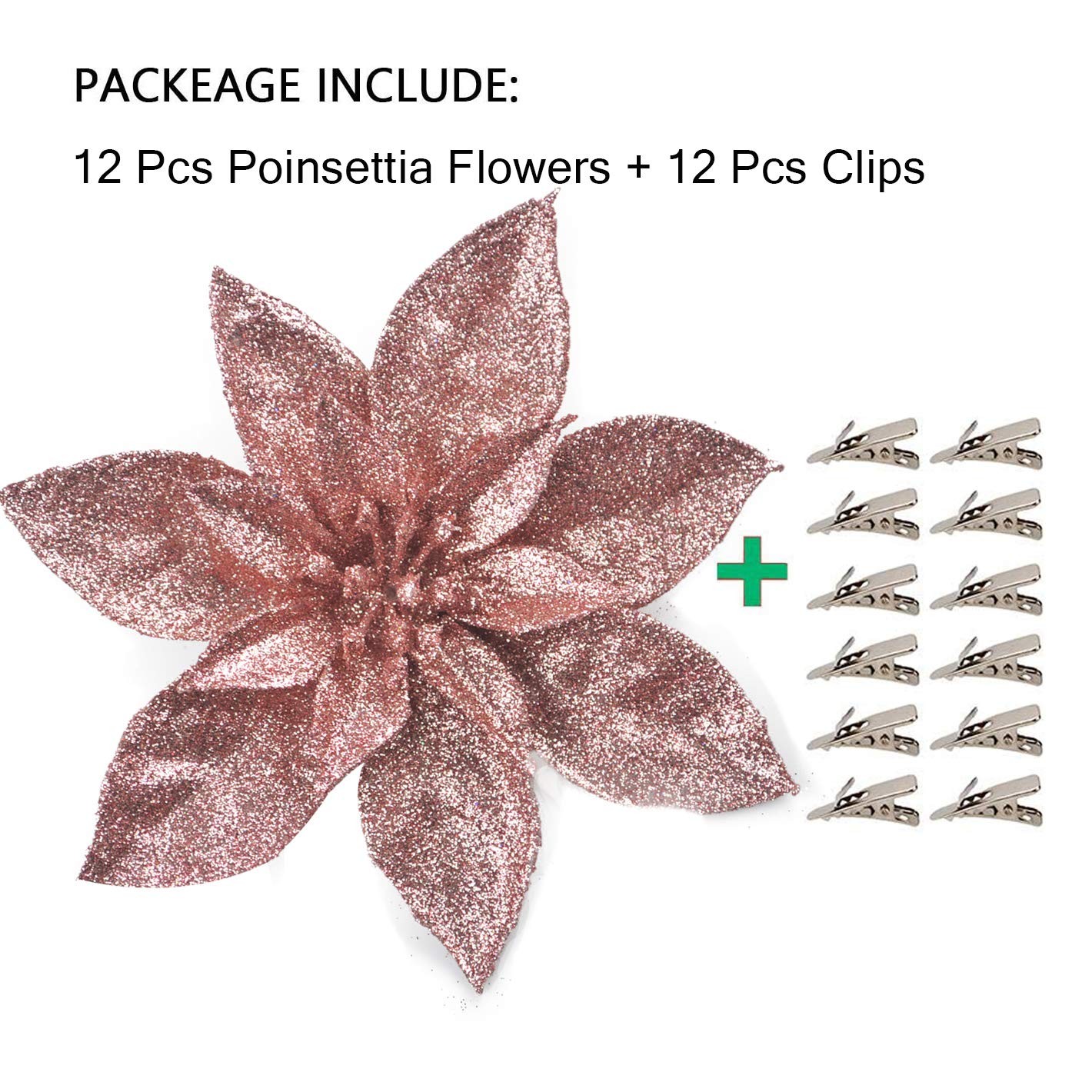 GL-Turelfies 12 Pcs Glitter Christmas Flowers(16cm/6.3’’) with 12 Pcs Clips A…