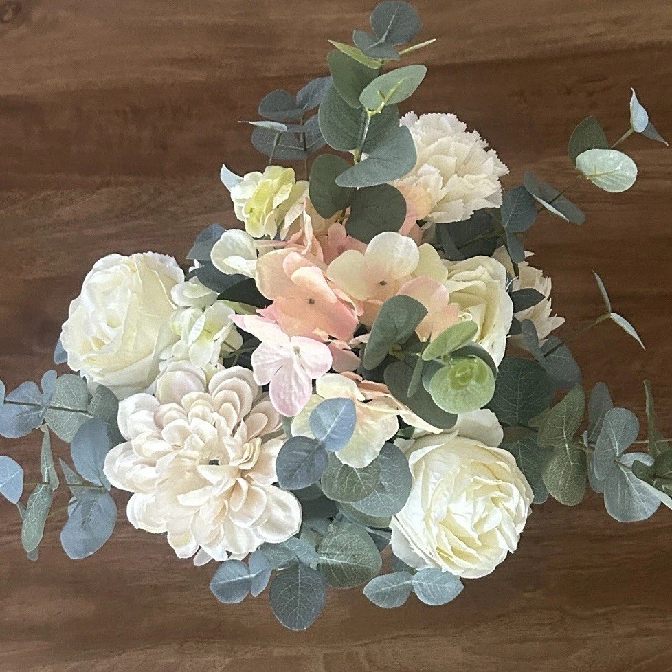 Artificial Faux Flowers Floral Arrangement With White Ribbed Vase Centerpiece