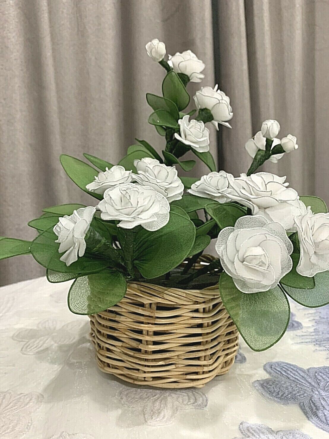 1Set Jasmine Flower & Rattan Vase Thai Cherry Nylon Fabric Artificial Handmade