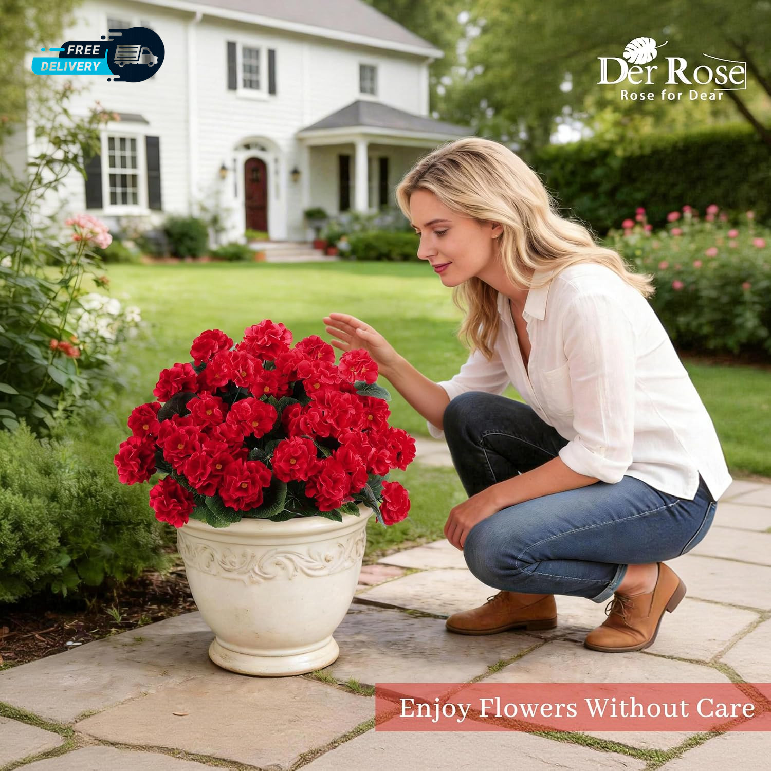 6 Pack Red Artificial Geraniums Flowers for Outdoors UV Resistant Faux Flowers.