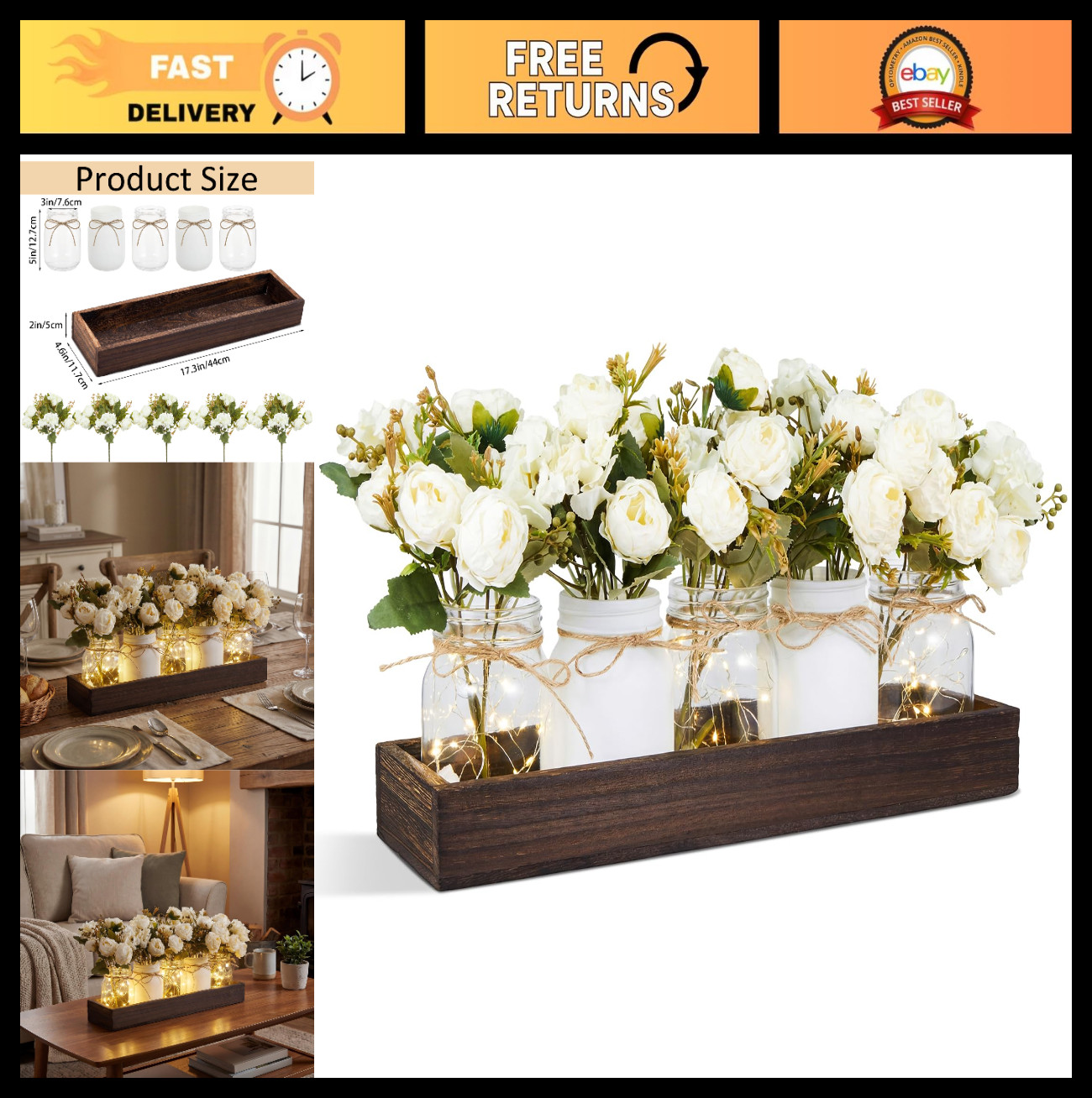 5 Pcs Peony Hydrangea Centerpiece Set with Wood Tray & LED Lights – Table Decor