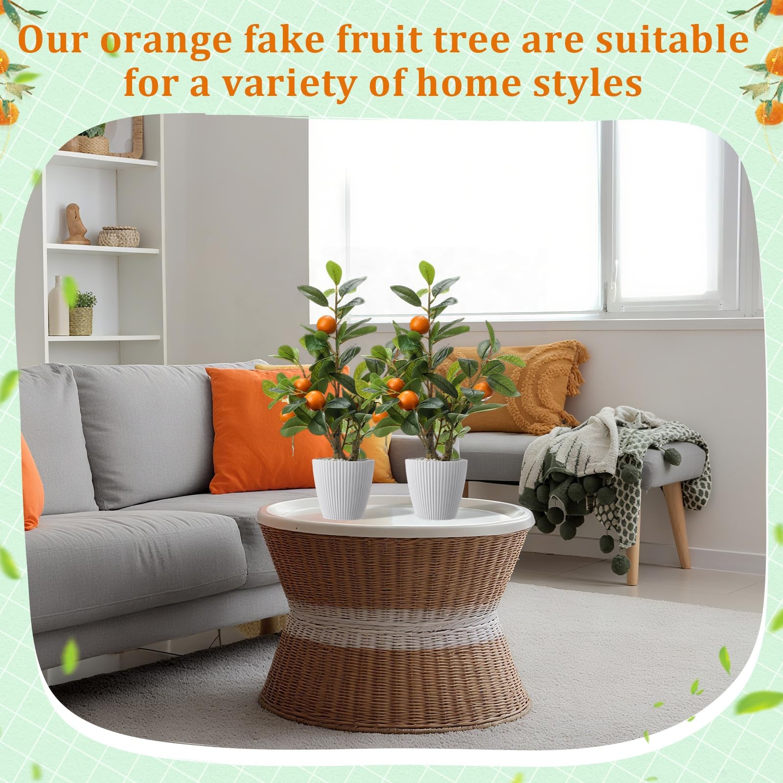 2 Pack Artificial Orange Potted Plants 19.7 Inches Fake Tree Fruit Pot Decor