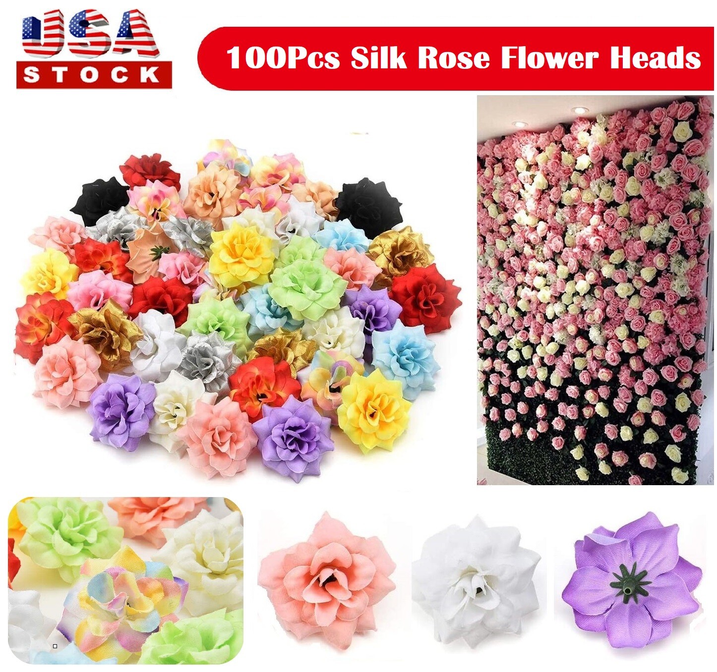 100Pcs Silk Artificial Fake Rose Flower Heads Bulk Craft Wedding Party Decor USA