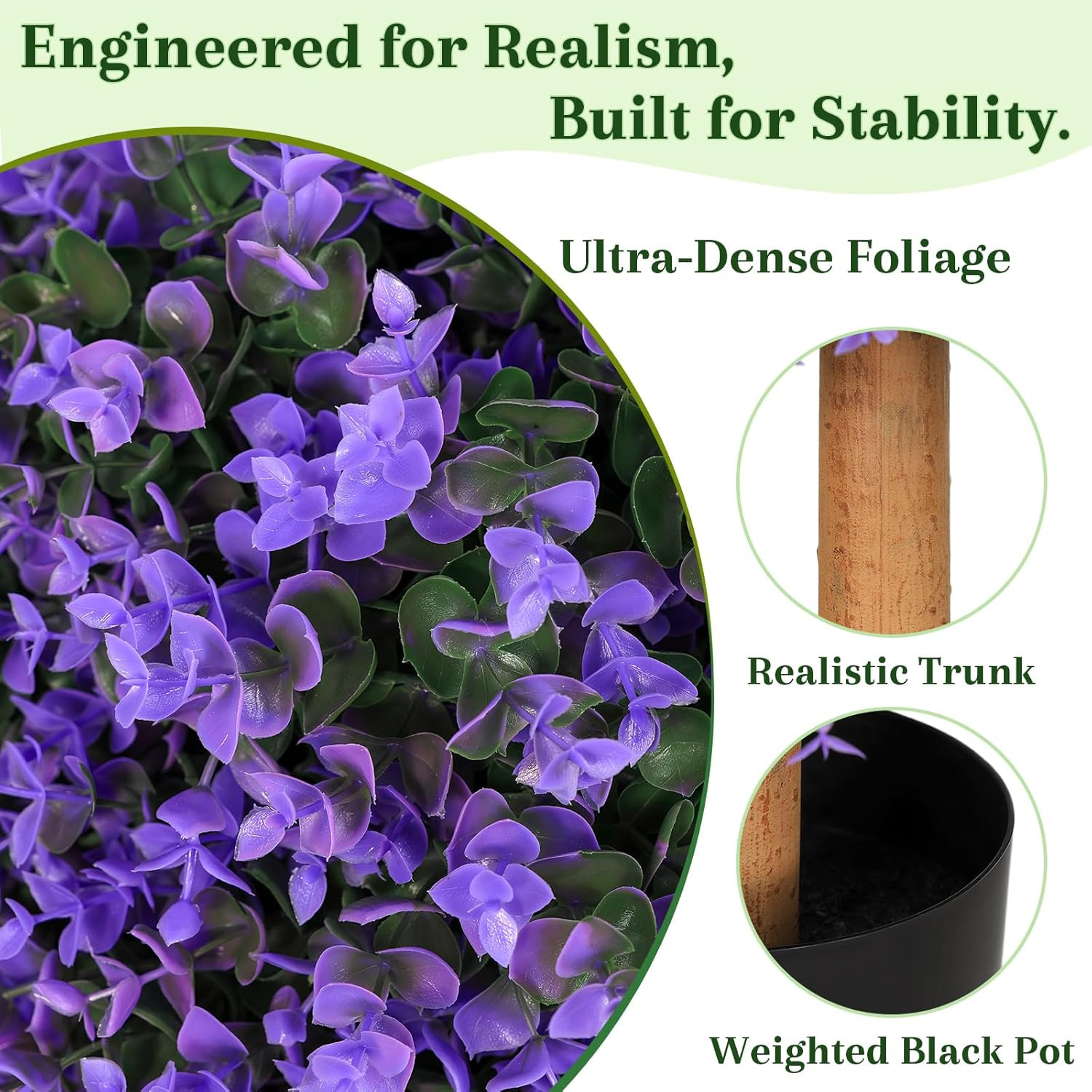 Set of 2 UV Resistant Purple Boxwood Topiary Balls in Black Pots, 26