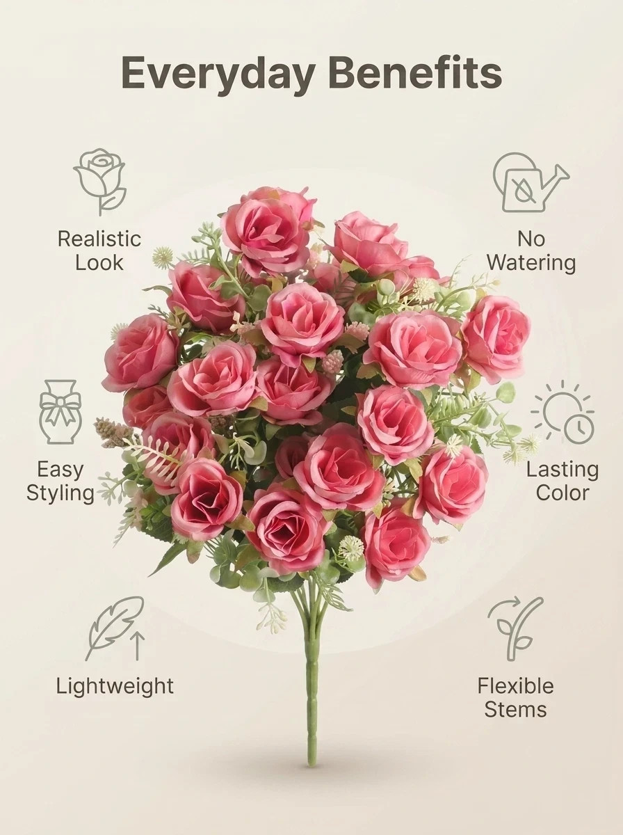 Artificial Rose Bouquet Set of 3 Pink Silk Flowers Wedding Home Decor 12in
