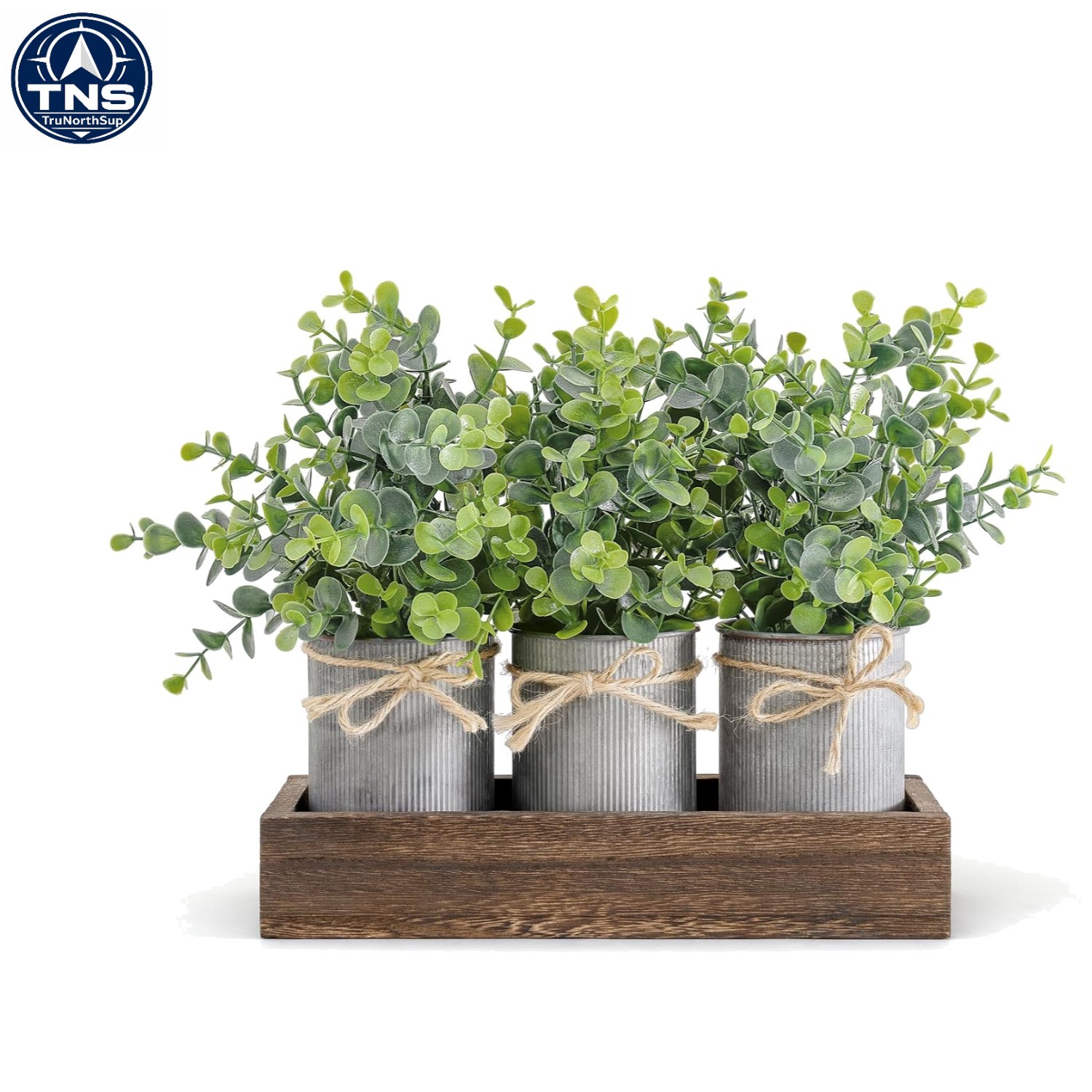 Elegant Faux Eucalyptus Table Centerpieces in Brown Wooden Tray – No Maintenance