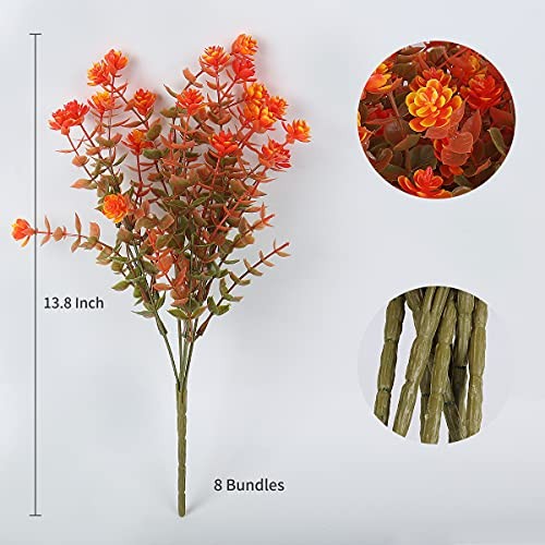 8 Bundles Artificial Fall Flowers No Fade Faux Autumn Plants, Green Orange