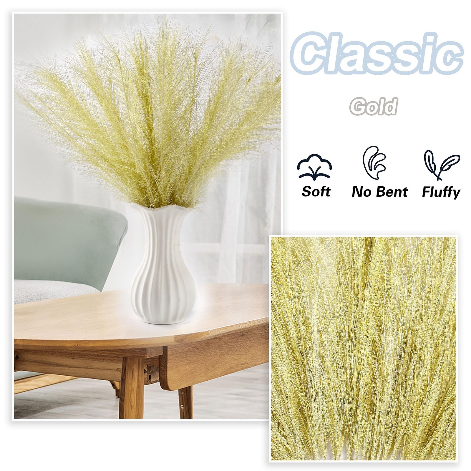 Golden Pampas Grass Small, 30 Pcs 17″ Faux Pampas Grass Short Decor, Pompas G…