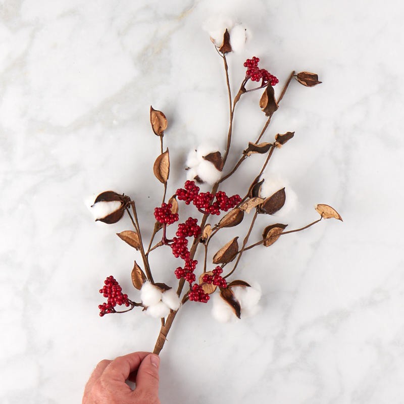 Factory Direct Craft Artificial Cotton Boll and Red Berry Spray