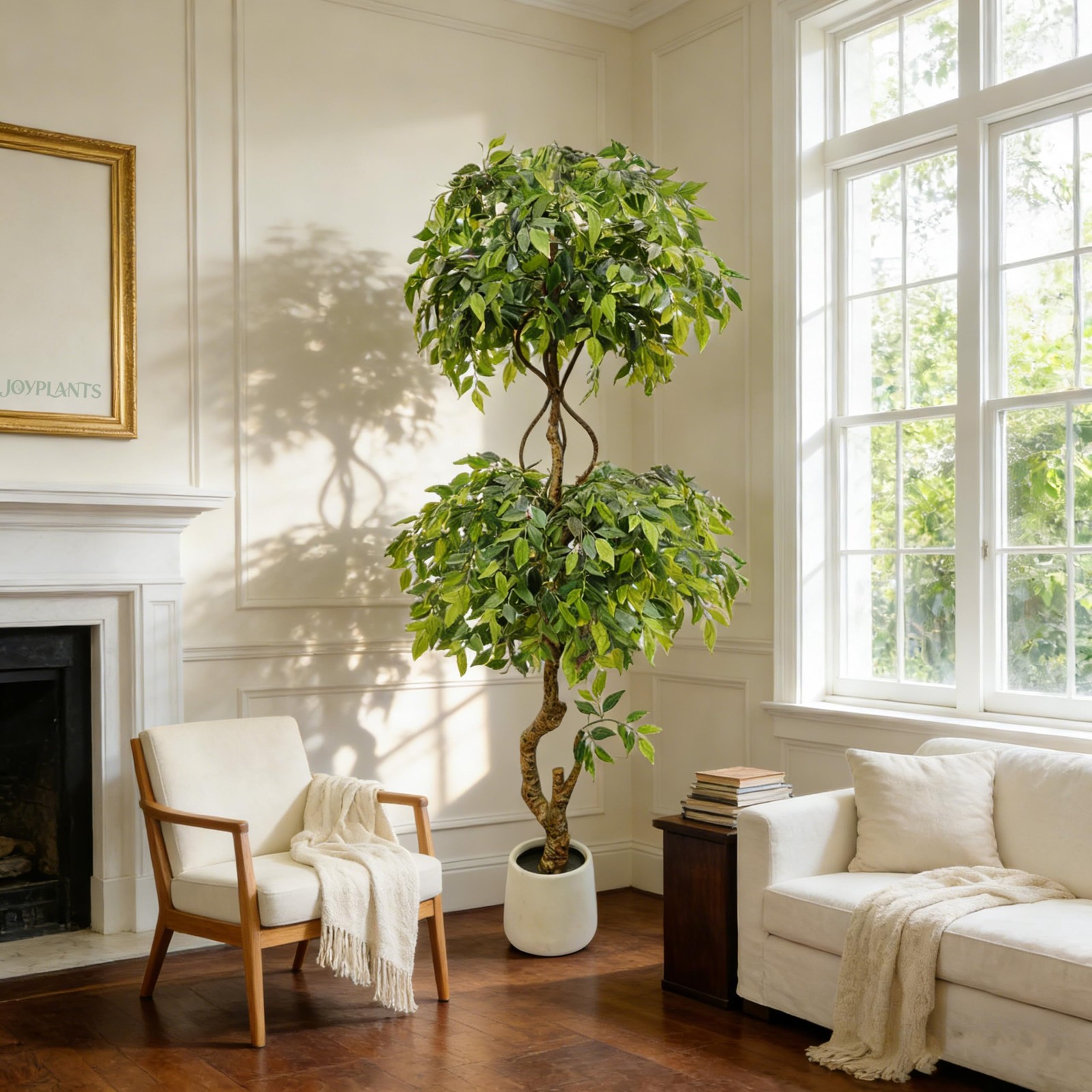 7FT Artificial Ficus Tree with White Planter, Lush Faux Ficus Tree with Adjus…