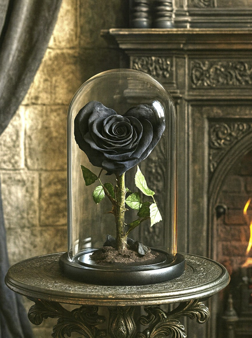 Black Real Rose Preserved Shabby Chic Boho Glass Dome Victorian Gothic Belle