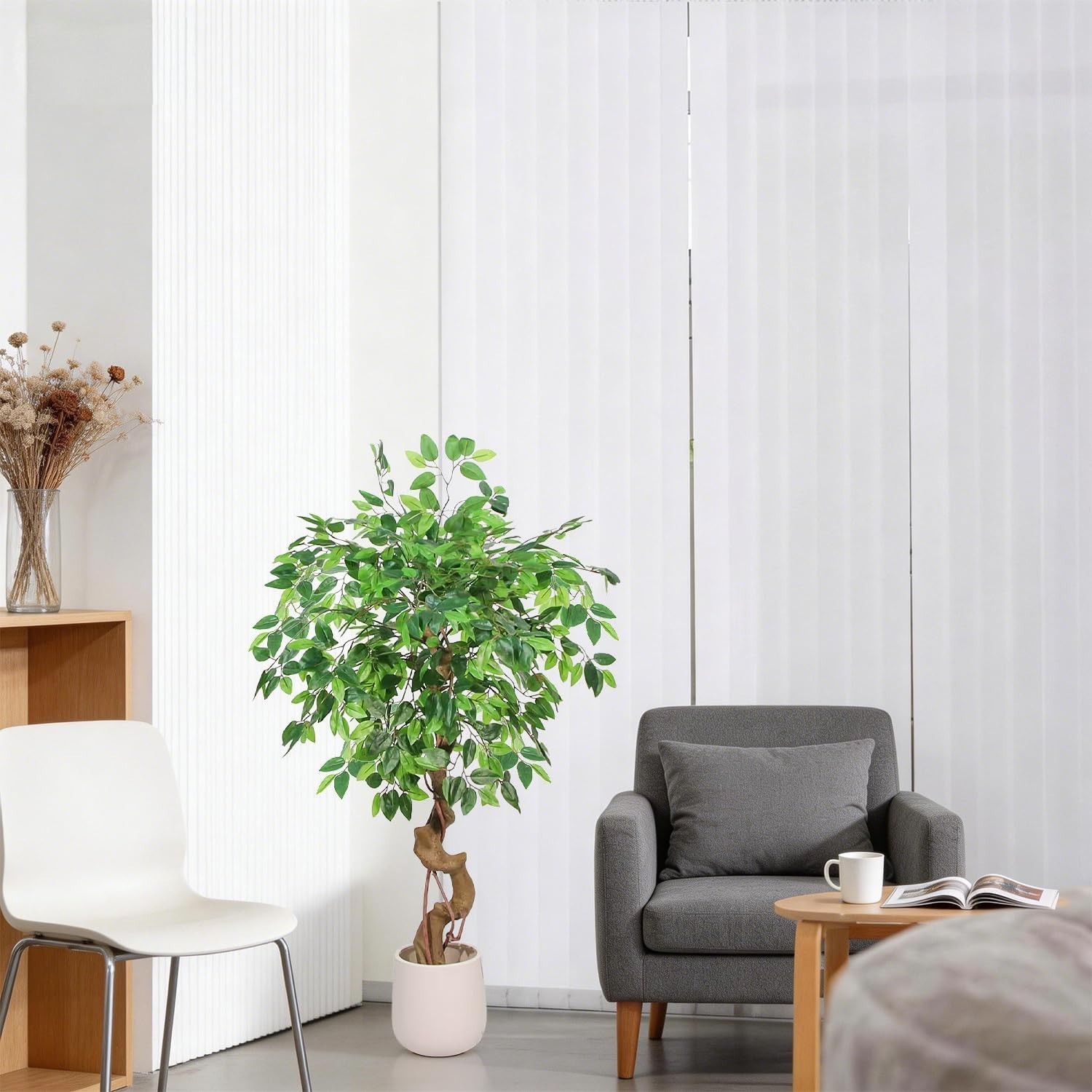 4FT Artificial Ficus Tree,Large Fake Tree with White Planter, Tall Faux Ficus…