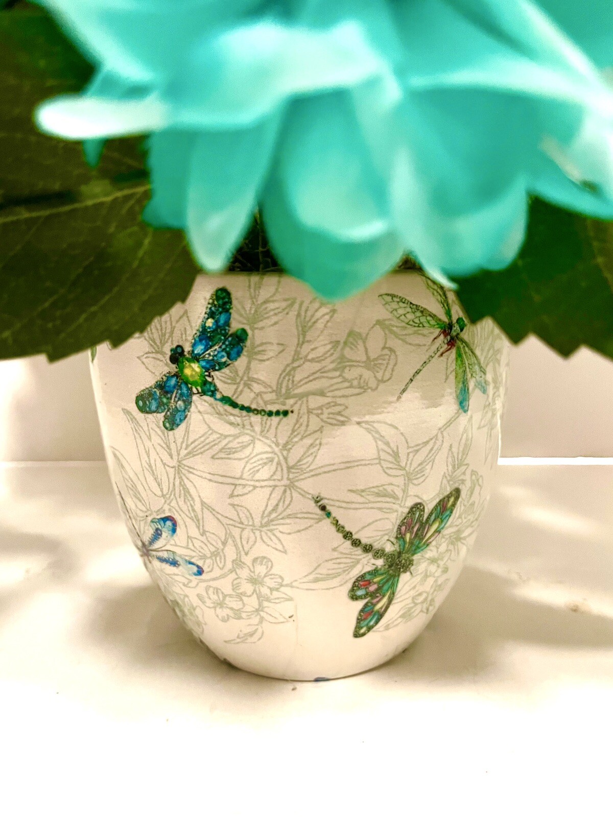 Teal Turquoise Blue & Lime Peony Floral Arrangement Dragon Fly Ceramic Vase