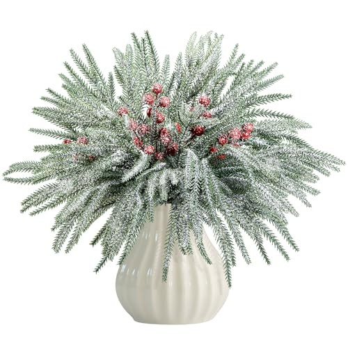 Christmas Snow Norfolk Pine Branches with Red Berry Stems, 60 Pcs Snowy B Style