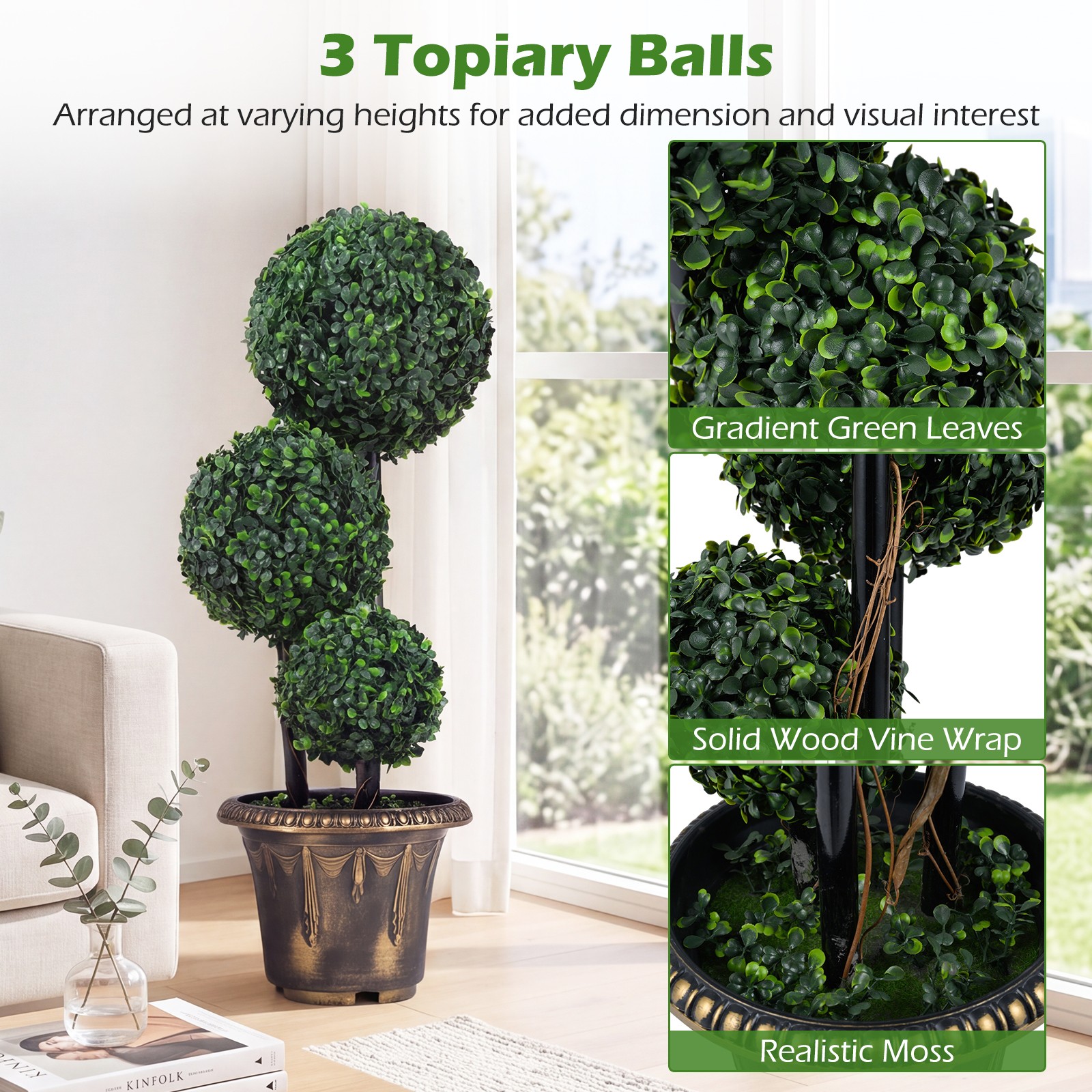 2PCS 2.5 FT Artificial Boxwood Topiary Tree, Sun-Protective Triple Ball Shrubs