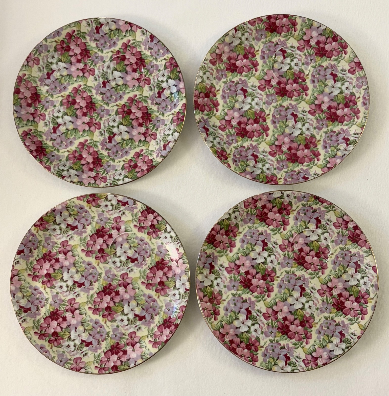 4 Vtg Chintz Summertime 8” Plates Floral Garden Cottagecore Wall Decor & Hangers