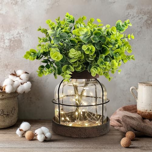 Rustic Farmhouse Glass Vases With Green Artificial Eucalyptus Plants Lights