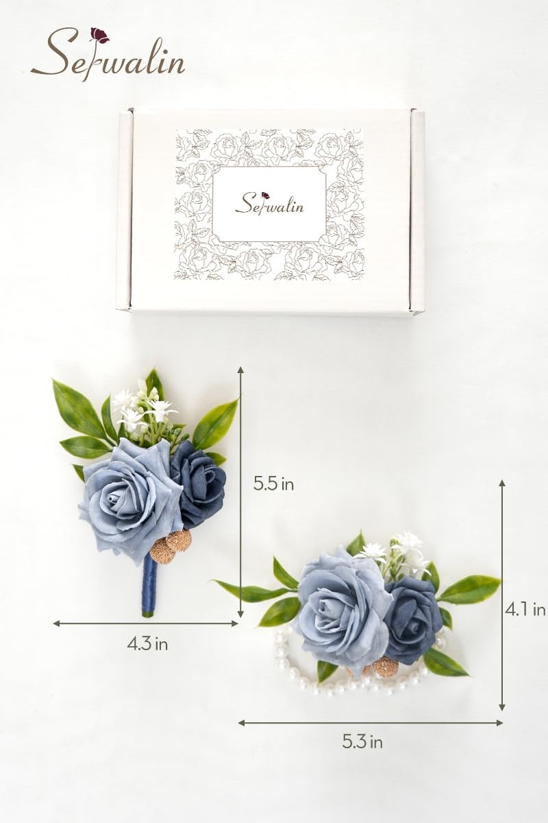 Dusty Blue Rose Prom Wrist Corsage Boutonniere Set Wedding Flowers 2 PCS