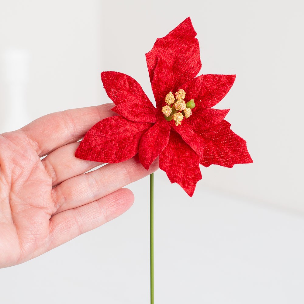 Red Velveteen Artificial Poinsettia Picks | 24 Pieces