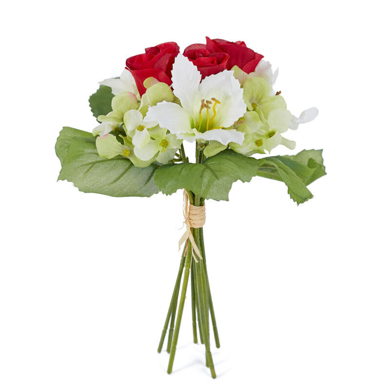 Mini Imitation Silk Soft Green Hydrangea with Rich Red Rosebud Center Bouqu