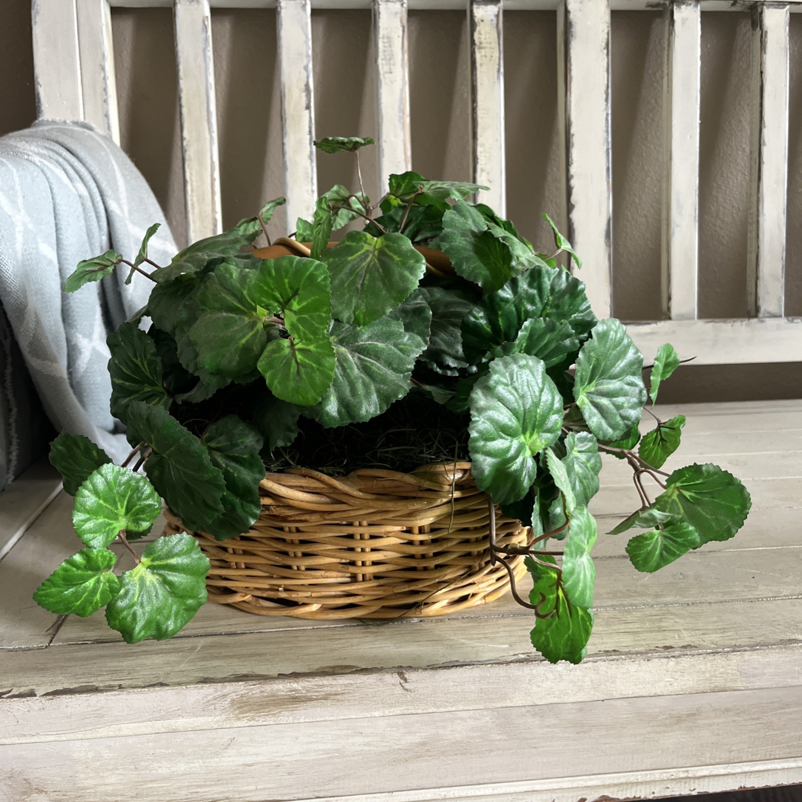 Vintage Faux Artificial Begonia Leaf Plant In Wicker Basket7.5”Tx8.5”Wx6.5”D