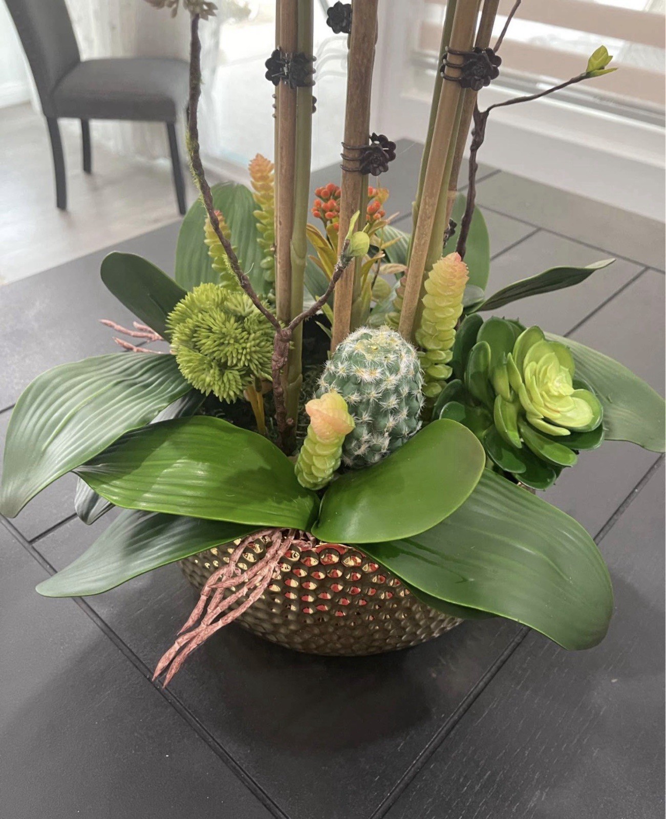 Artificial White Orchid Flower Arrangement & Centerpiece in Gold Bowl, Plastic