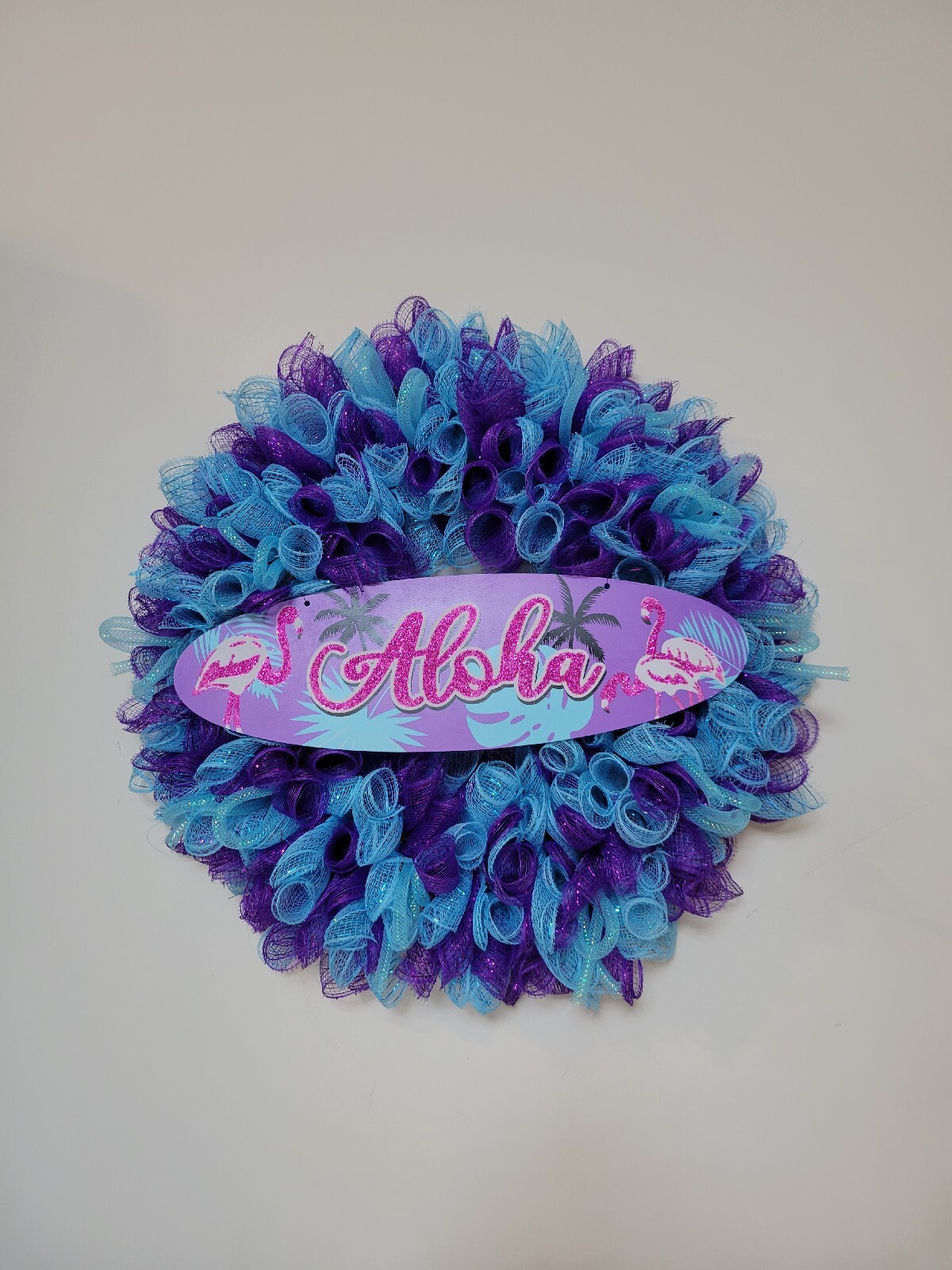 ALOHA Summer Spring Mesh Front Door Wreath Wall Decor BRIGHT Purple Pink Blue